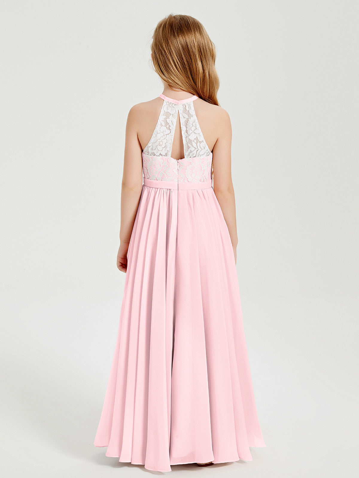 Lace Top Long Chiffon Bridesmaid Dresses Blushing Pink